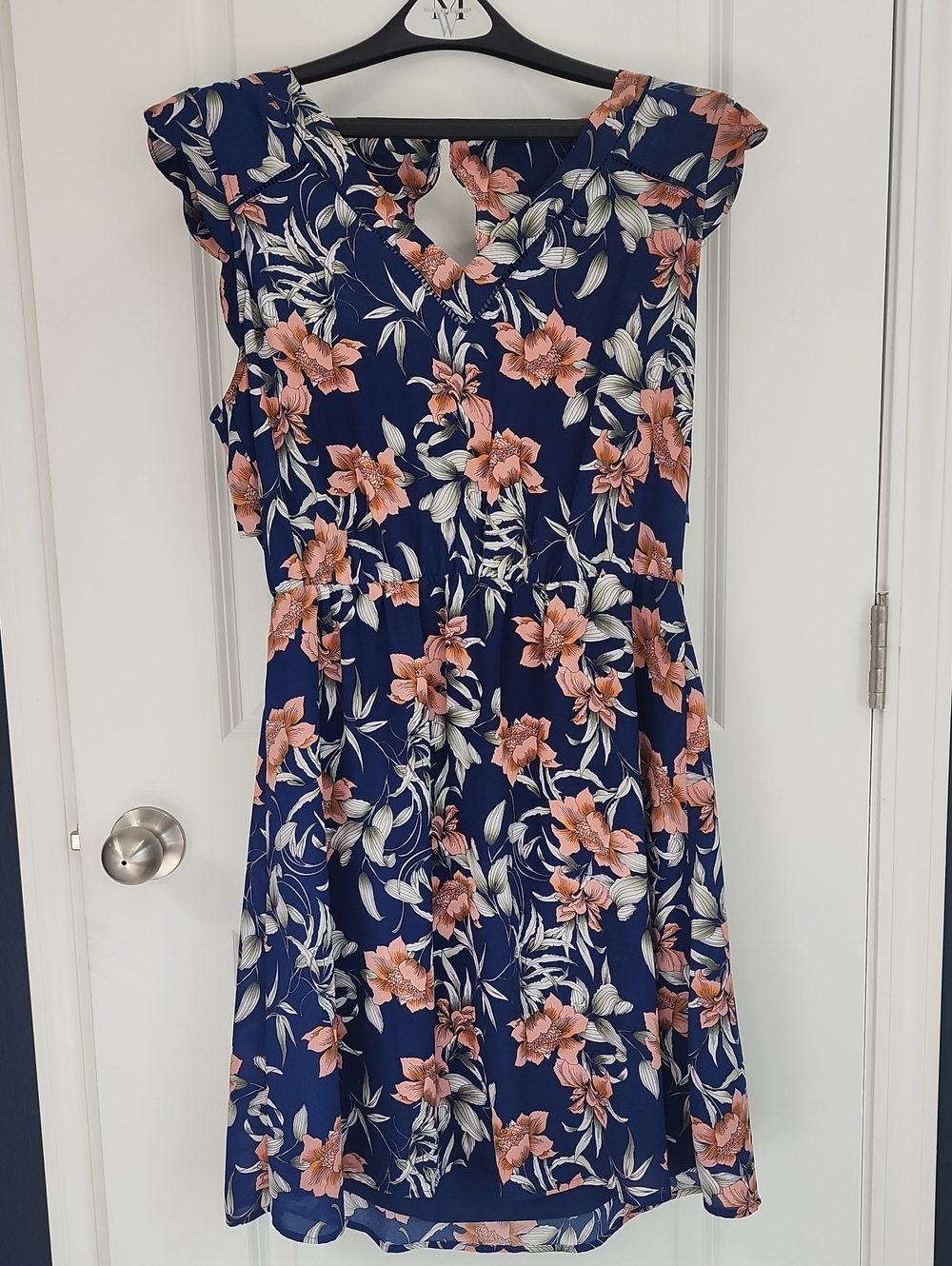 Navy Floral Midi Dress with Peach Blooms